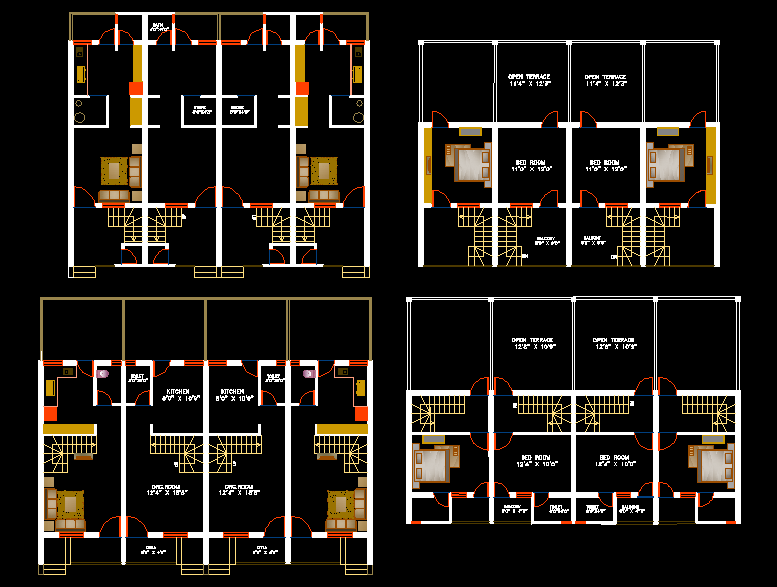 Row House DWG Design with 2D Layout Plans for Residential Projects