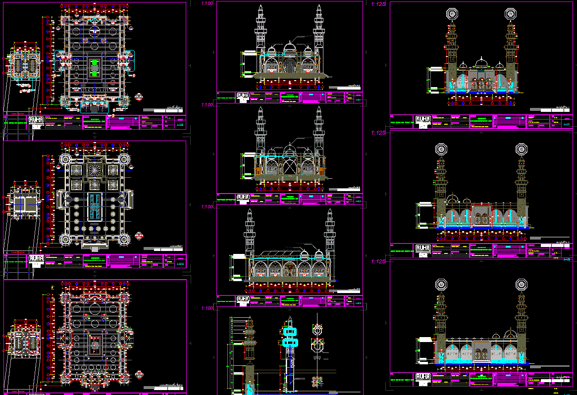 Detailed Mosque CAD with Floor Plan, Elevation and Section Drawings
