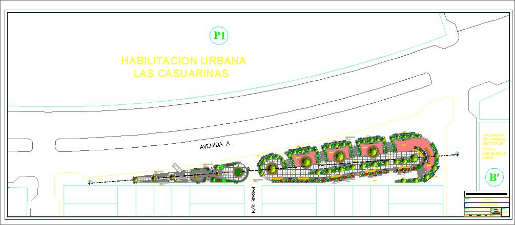 Urban park design plan with landscape layout and walkway details