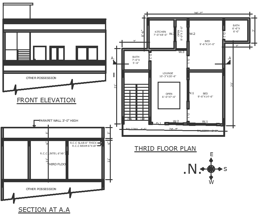 6ft X 7.5ft courtyard design in 2bhk house detailed plan section and elevation DWG autoCAD drawing