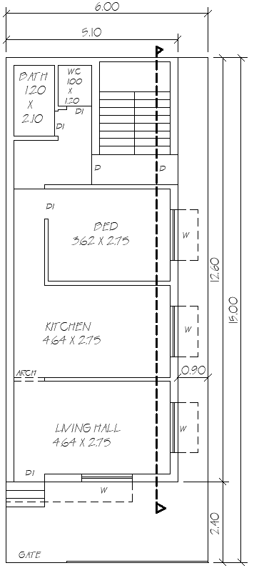 6mx15m 1BHK House Plan Layout Design in DWG Format