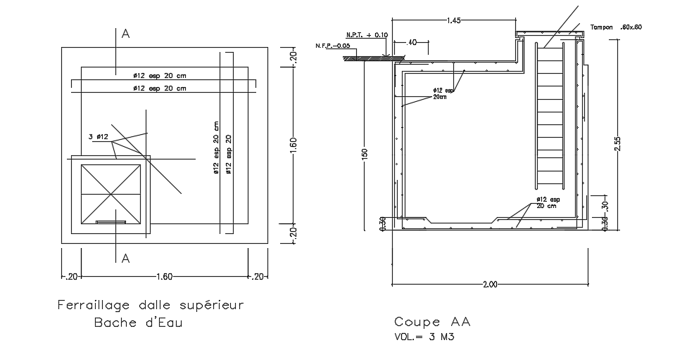 6x16m house plan water tank plan and section drawing