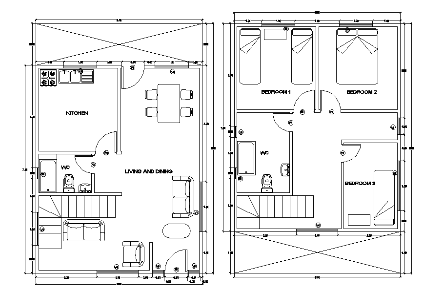 6x8 Meter 3 BHK AutoCAD Plan Layout File