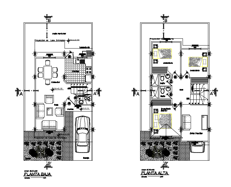 6x8m ground and first floor duplex house plan cad drawing