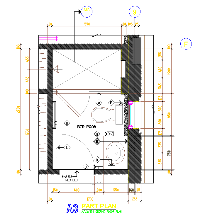 6’x9’ bathroom plan is given in this AutoCAD drawing model. Download now.