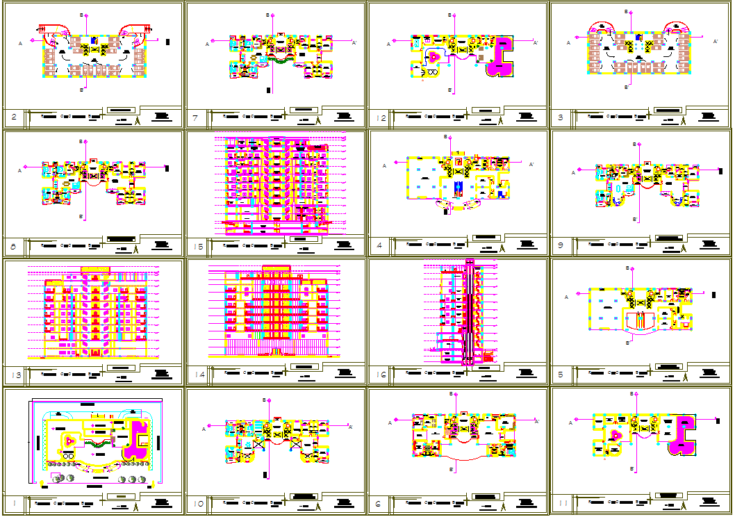Commercial Building DWG with Multi Level Floor Plans and Sections