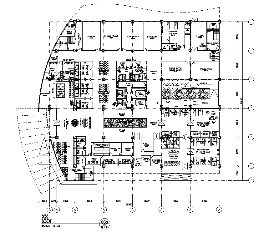 70x110m mother & child hospital first floor plan is given in this AutoCAD drawing model. Download now.