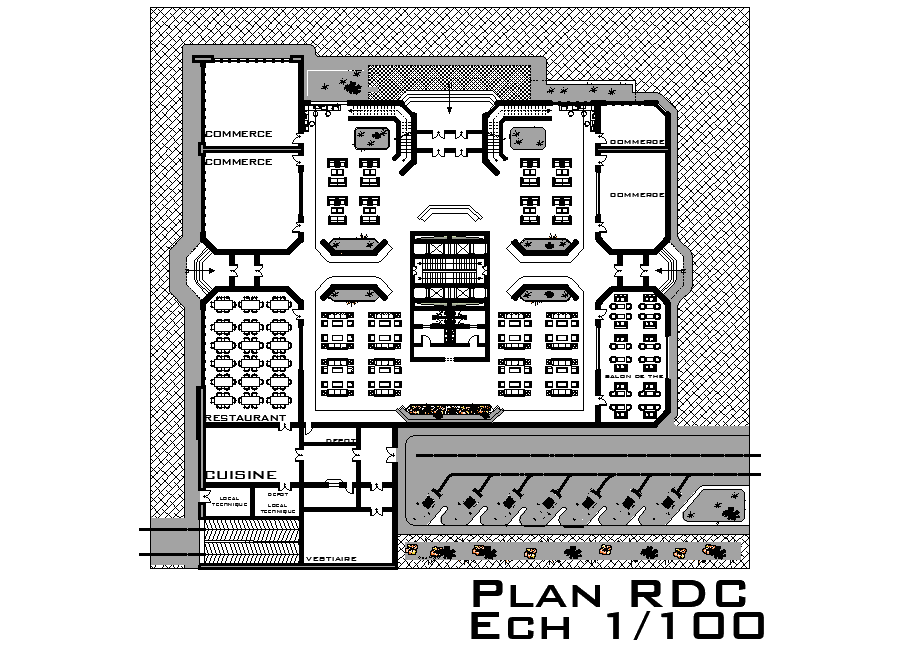 70x65m hotel plan is given in this Autocad drawing file.Download now.