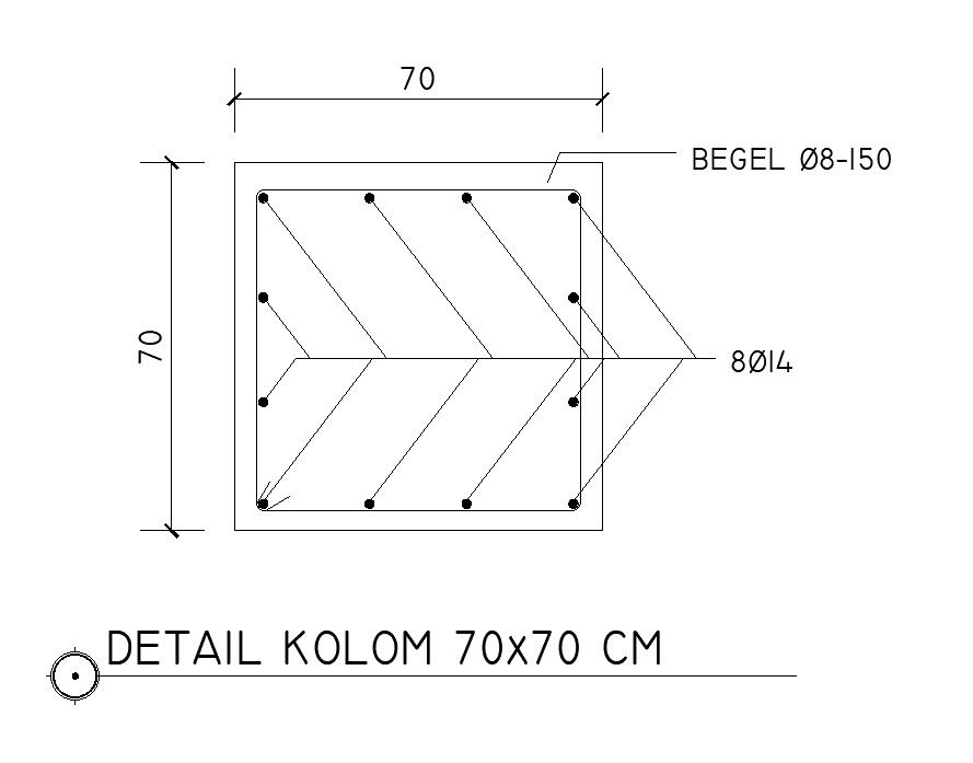 70x70cm column reinforcement details in AutoCAD 2D drawing, CAD file, dwg file