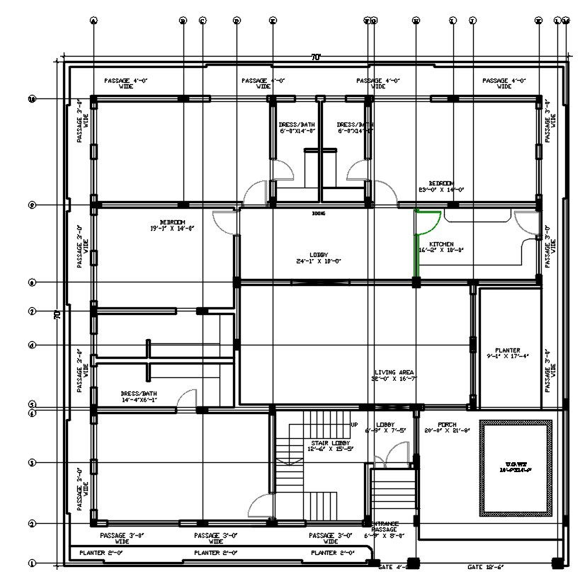 Full-scale house floor layout design in AutoCAD 2D format