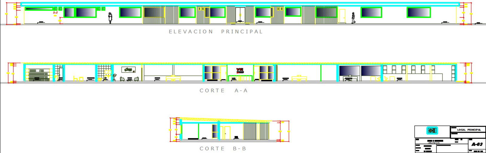71x12m administration office building section and elevation CAD drawing