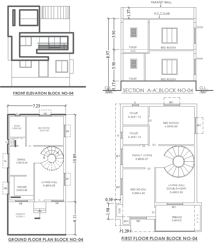 7.23mx10.89m 3BHK House Plan with Elevation and Section