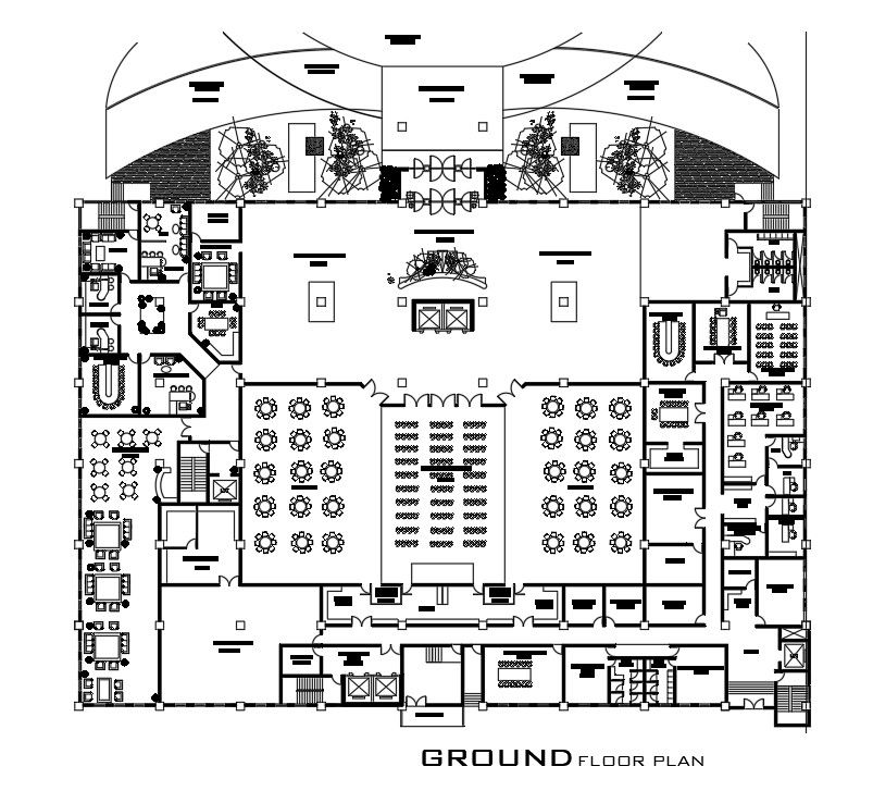 72x52m hotel ground floor plan is given in this AutoCAD model. Download now.