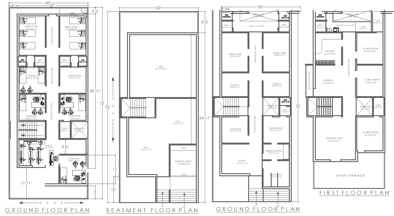 73ft x 30ft Ground Floor Hospital Layout and First Floor 3BHK House Plan - AutoCAD DWG File