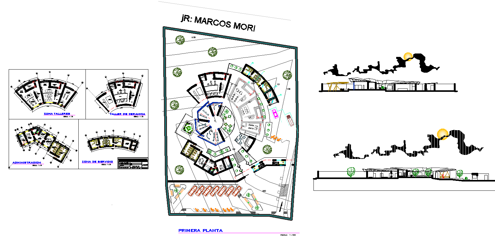 Curved Artisan Center Plan with Creative Workshop Zones and Sections