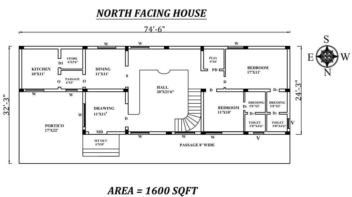 74'6" X24'3" The Perfect 2bhk north facing House Plan As Per Vastu Shastra.