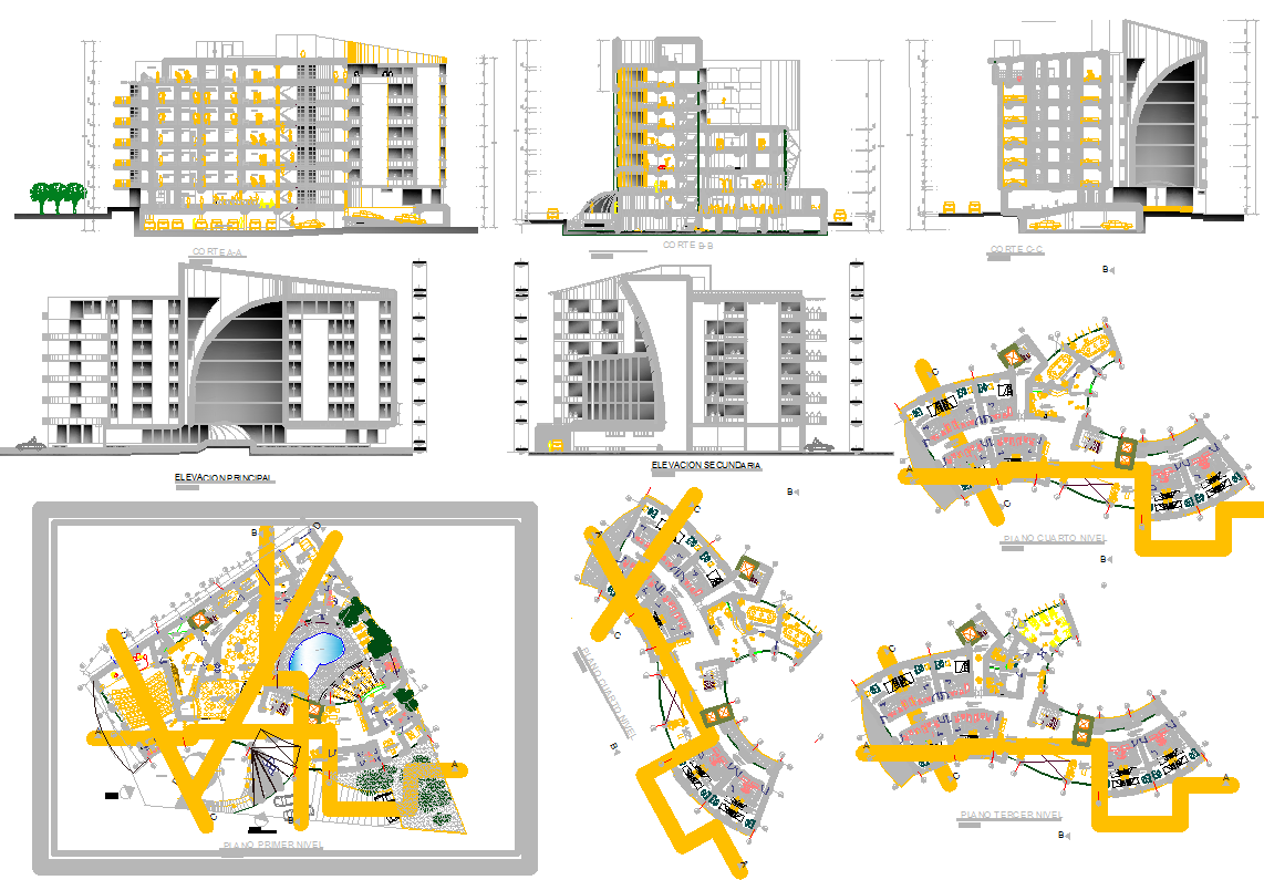 Hotel DWG File with 5 Storey Layout Plan Section and Elevation Design
