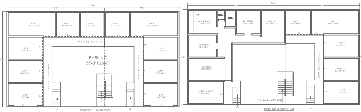 74ft x 41ft Ground Floor Hospital Plan & Basement Shop Layout | AutoCAD DWG File