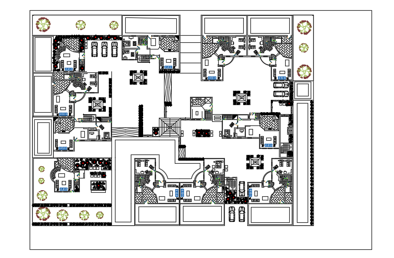 74x55m Multifamily Villa Plan CAD Drawing Two-Story Duplex DWG model