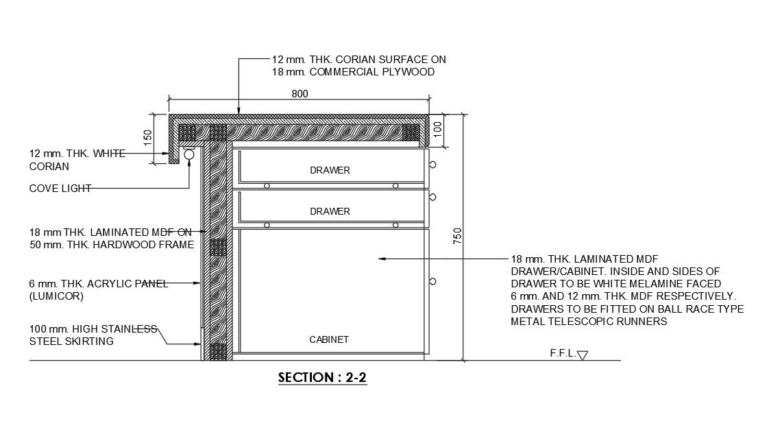 750mm drawer view is given in this Autocad drawing file. Download now.
