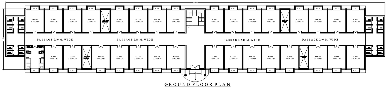 75.8m x 12.9m Hostel Ground Floor Layout Plan AutoCAD DWG File