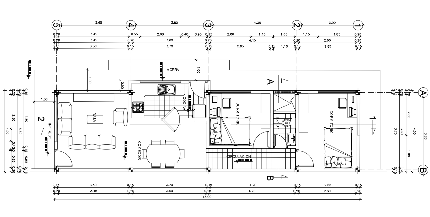 75 Square Meter 2 BHK House Plan CAD Drawing DWG File