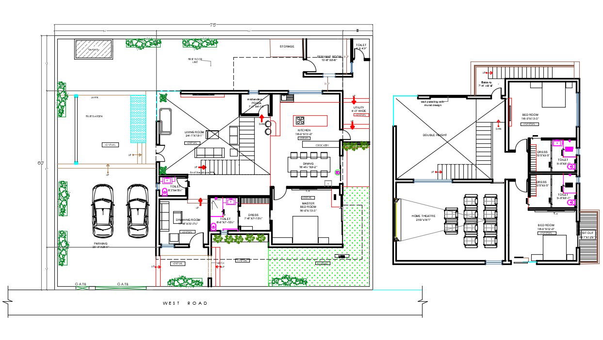 75X60 FT Modern House Layout Plan Drawing Download DWG File