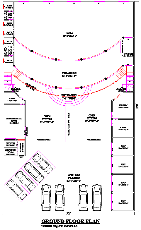 75x120 Mixed-Use Building DWG with Shops and Hall Layout