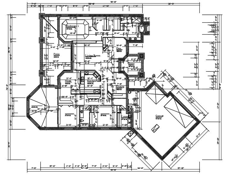 76'X90' Architecture House Ground Floor Plan Drawing DWG File