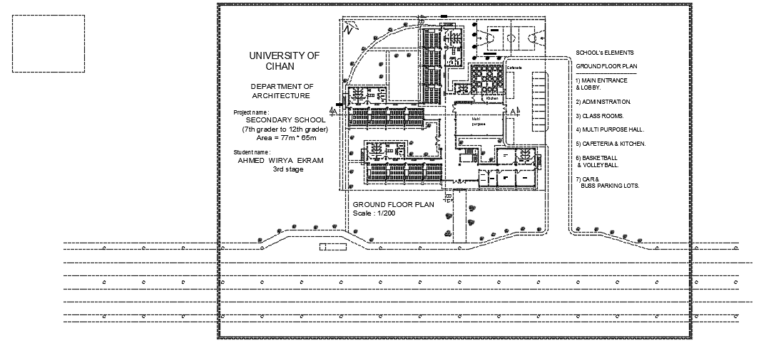 77x65m school ground floor plan 2d AutoCAD DWG drawing file is given
