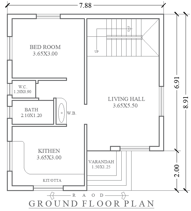 Download 7.88m×8.91m 1BHK Ground Floor AutoCAD DWG Plan Design