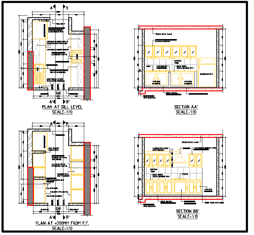 Kitchen Detail CAD Drawing with Plan, Section and Elevation View