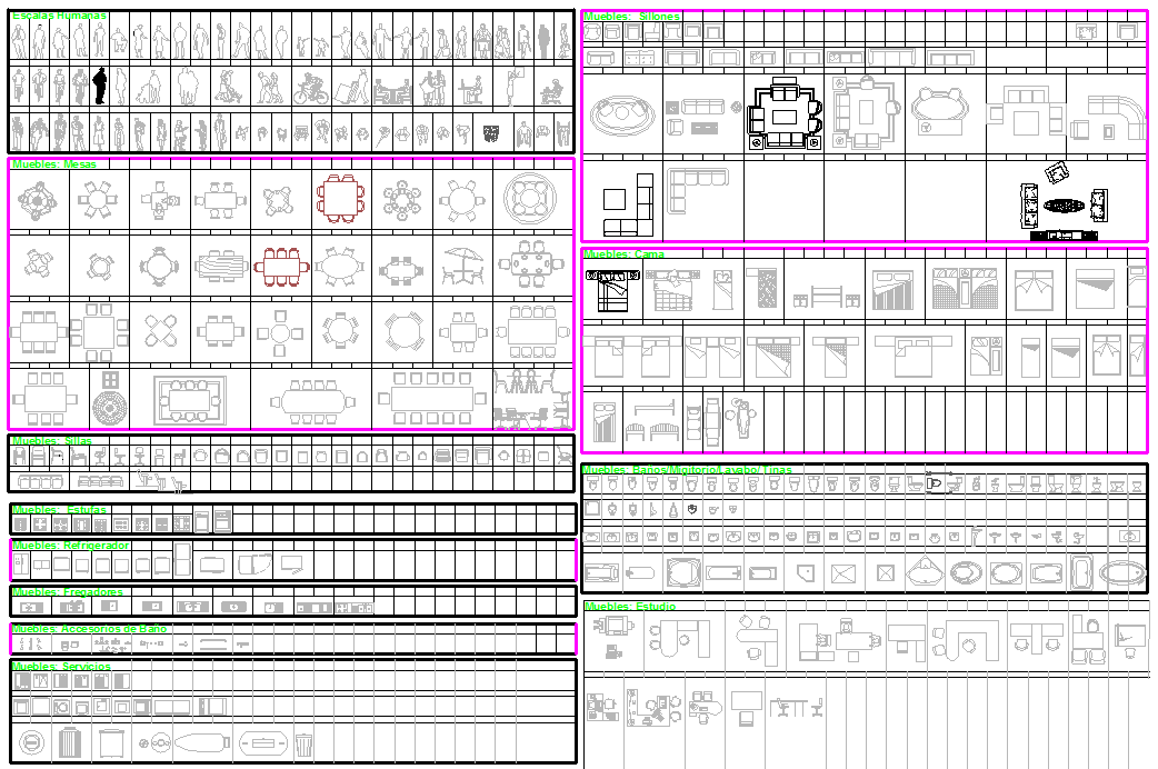 2D Furniture and Human CAD Blocks Collection with Bathroom Details