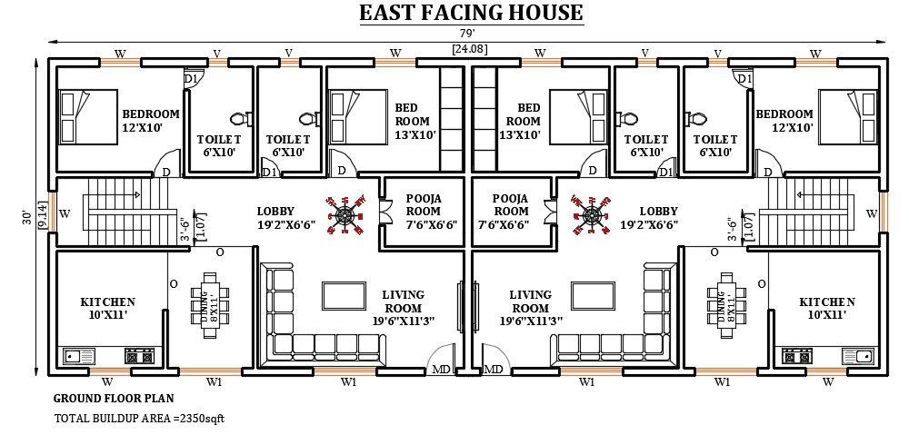 79’x30’ east facing house plan is given in this Autocad drawing file. Download now.