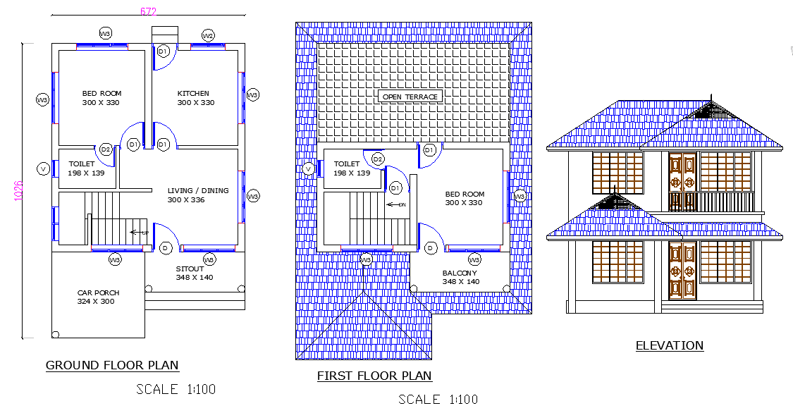 7Mt x 10Mt 2 BHK House Plan Layout DWG File