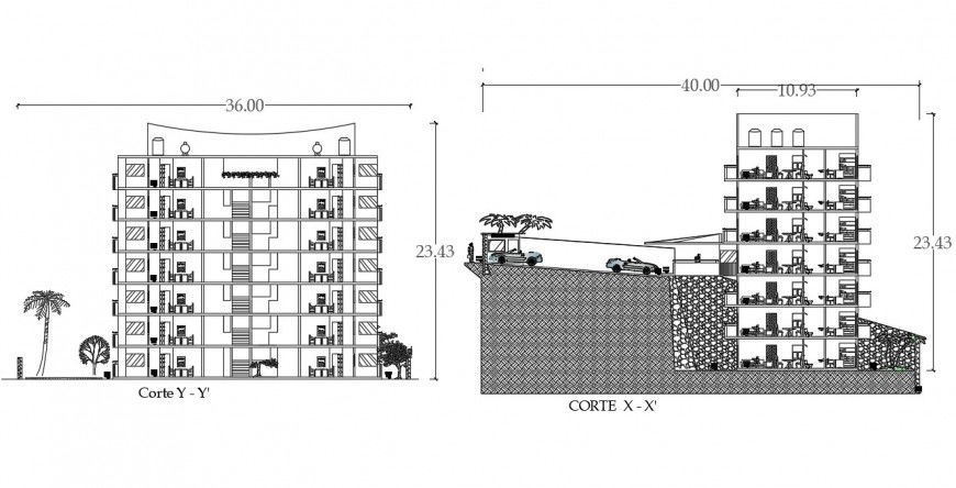 7 story apartment building section plan cad file