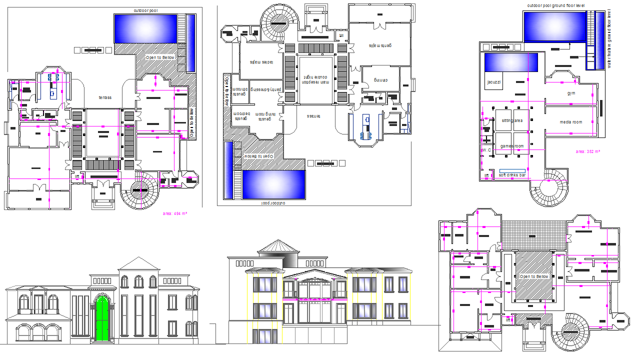 Modern Villa AutoCAD DWG File with 494m² and 352m² Floor Plans