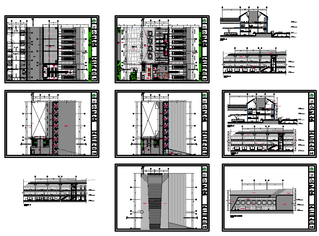 Academic Building DWG Plan with Detailed Floors and Section Views