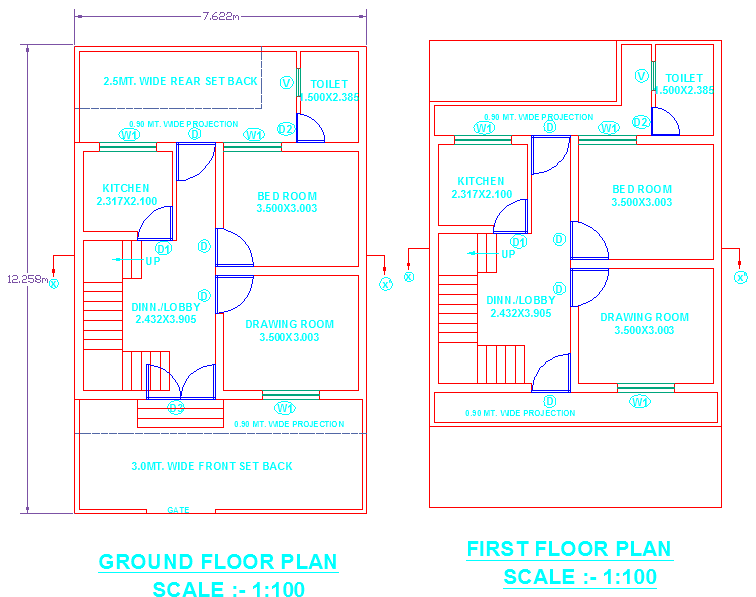 Residence plans DWG with ground and first floor layout and room design