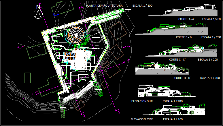 Museum Building AutoCAD Drawing with Master Plan and Elevations