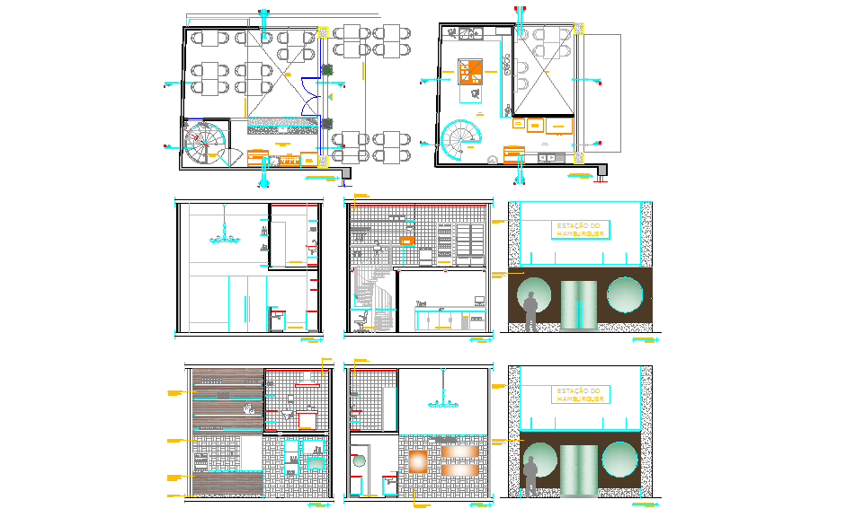 Fast Food Shop Design with Interior Layout and Section Details DWG