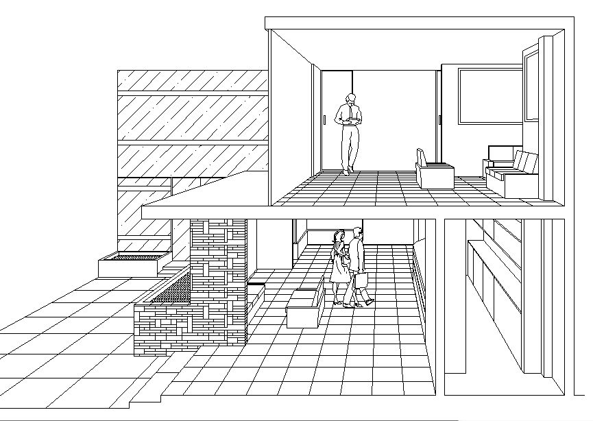 Hotel Entrance and Upstairs Lounge Interior View Layouts DWG