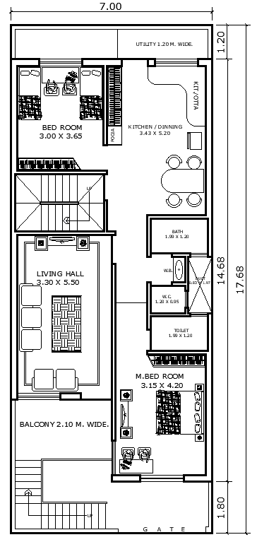 7m×17.68m 2BHK House Plan with Floor Layout in DWG file