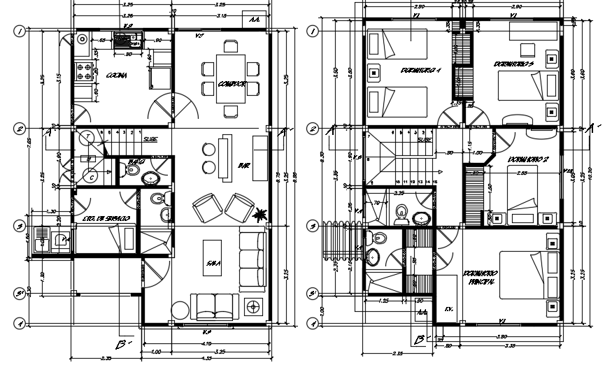7x10m architecture two story house plan cad drawing is given in this file