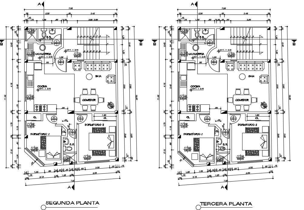 7x11m Two-Story House Plan with Garden in AutoCAD DWG Format