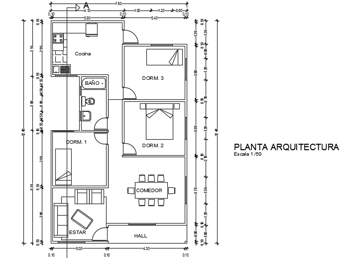 7x12m single story house plan AutoCAD model is given in this file