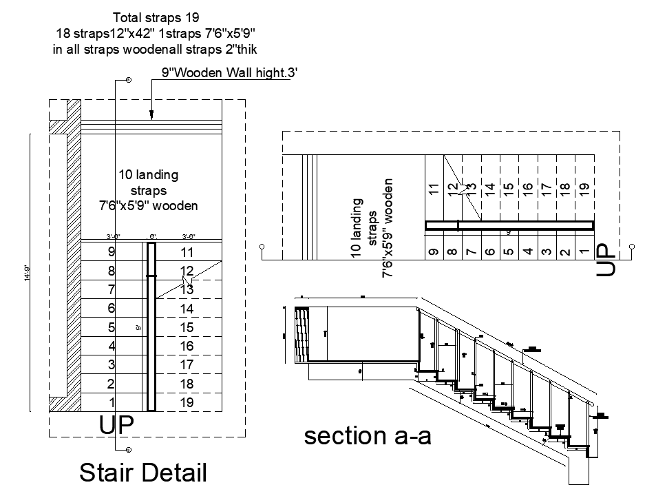 7’x15’ staircase plan is given in this AutoCAD drawing file. Download now.