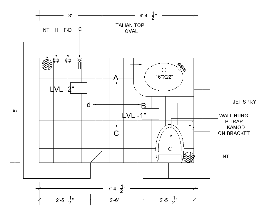 7’x5’ bathroom plan is given in this AutoCAD drawing model.Download now.
