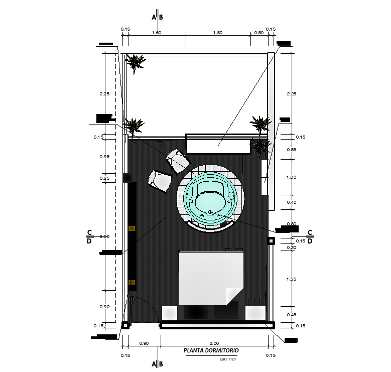 7x8m bedroom interior plan is given in this AutoCAD drawing model.