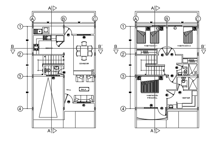 7x9m simple two story building plan AutoCAD model is given in this file